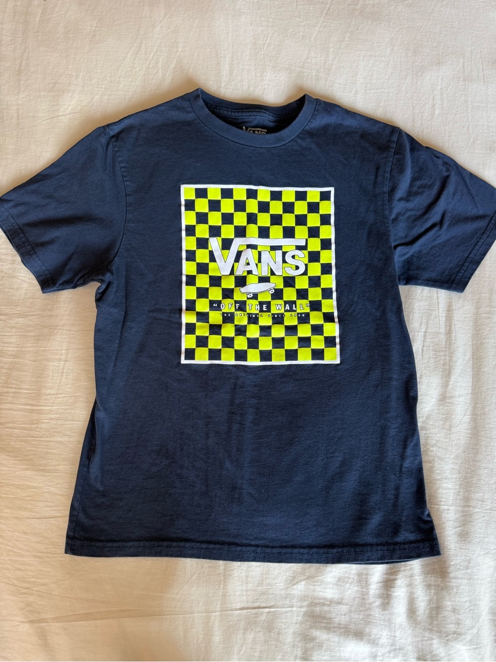 Vans Navy Tee with Neon Yellow Checkerboard Logo